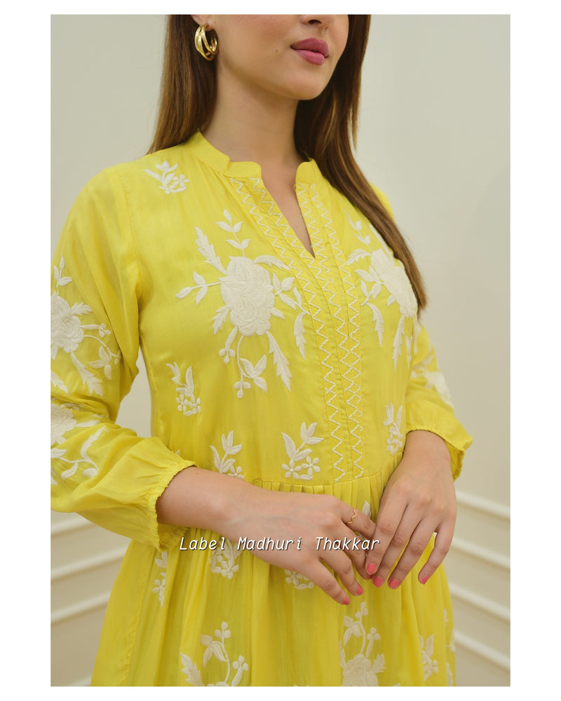 Yellow Threadwork A Line Dress
