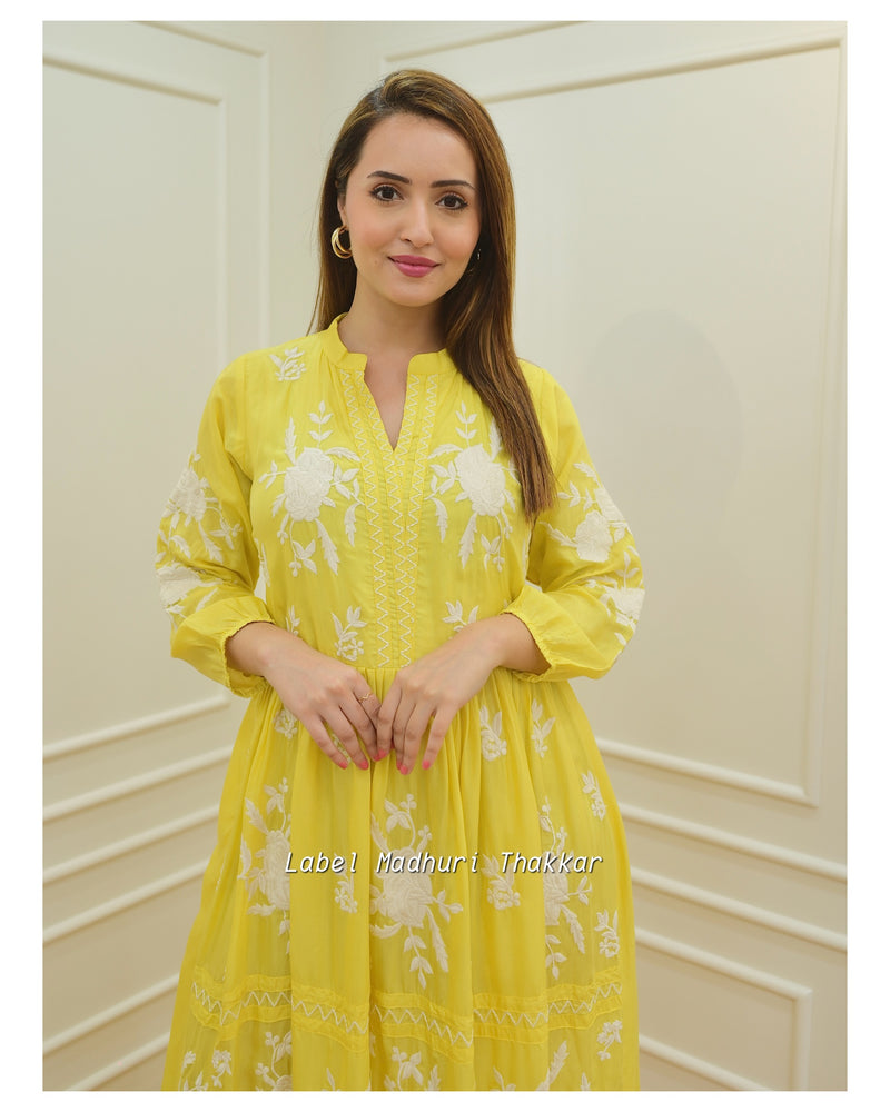 Yellow Threadwork A Line Dress
