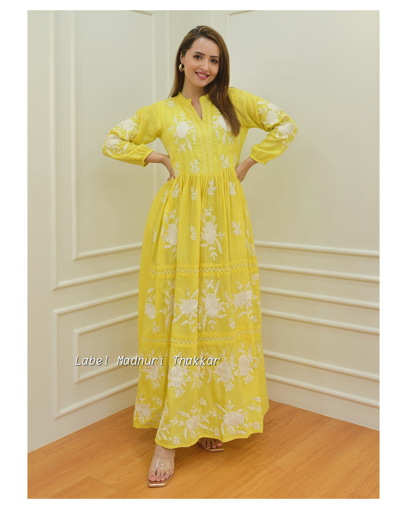 Yellow Threadwork A Line Dress