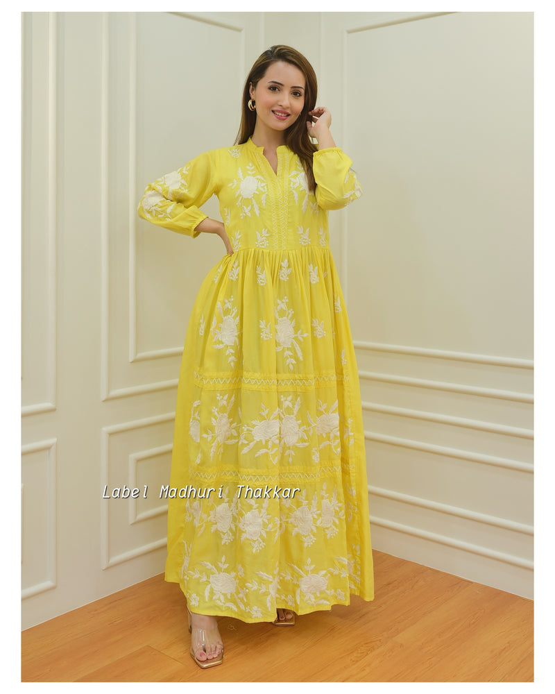 Yellow Threadwork A Line Dress