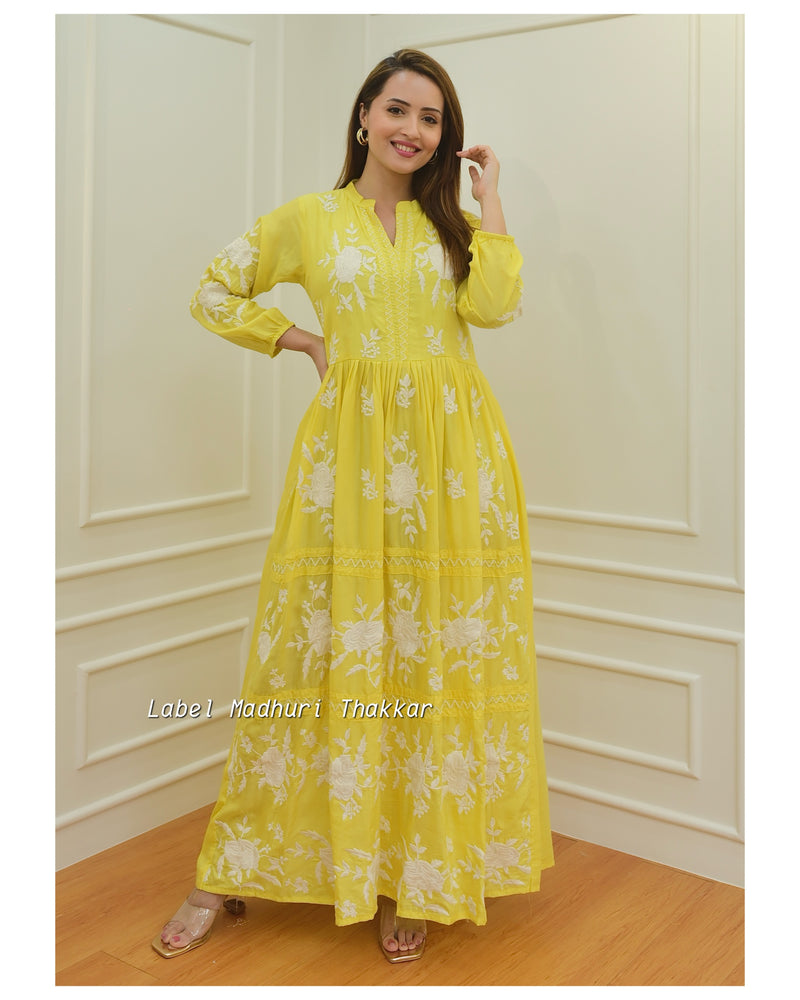 Yellow Threadwork A Line Dress