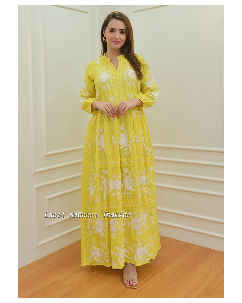Yellow Threadwork A Line Dress