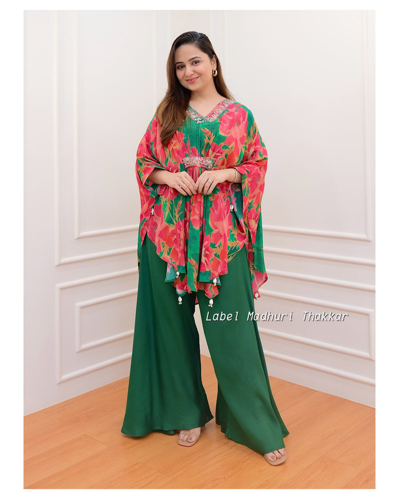 Green Floral Crepe Kaftan Sharara