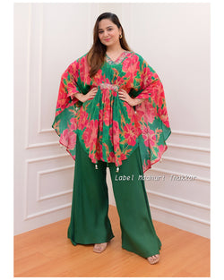 Green Floral Crepe Kaftan Sharara
