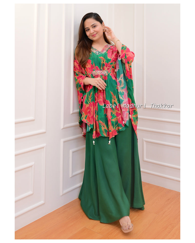Green Floral Crepe Kaftan Sharara