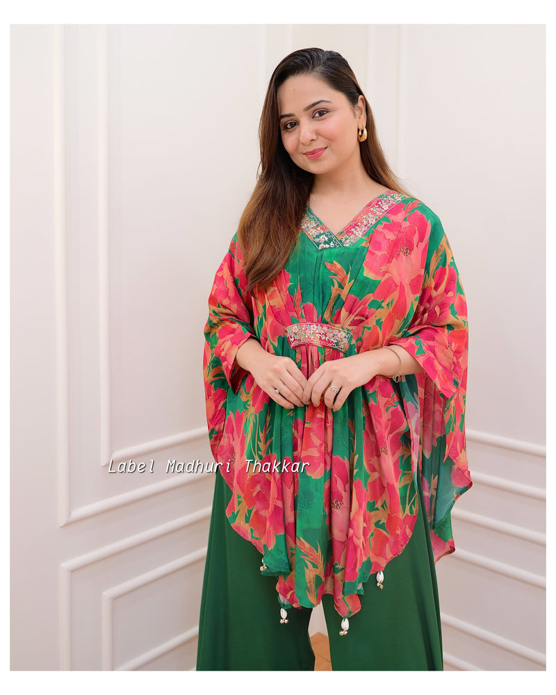 Green Floral Crepe Kaftan Sharara