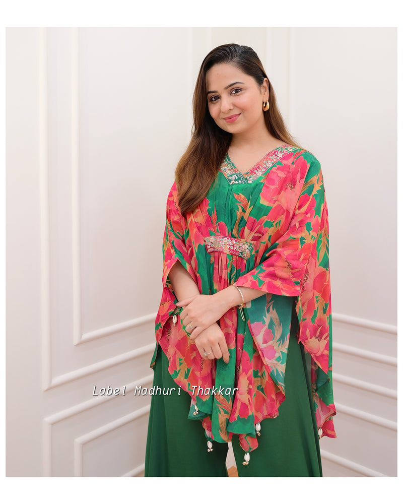 Green Floral Crepe Kaftan Sharara