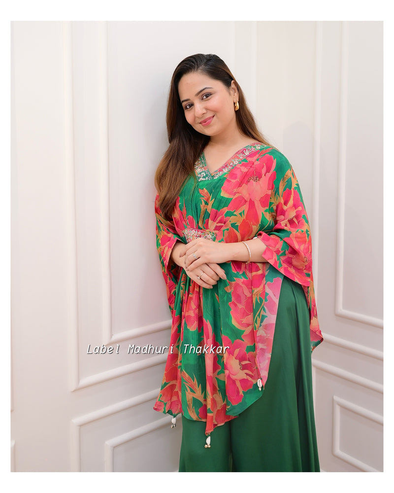 Green Floral Crepe Kaftan Sharara