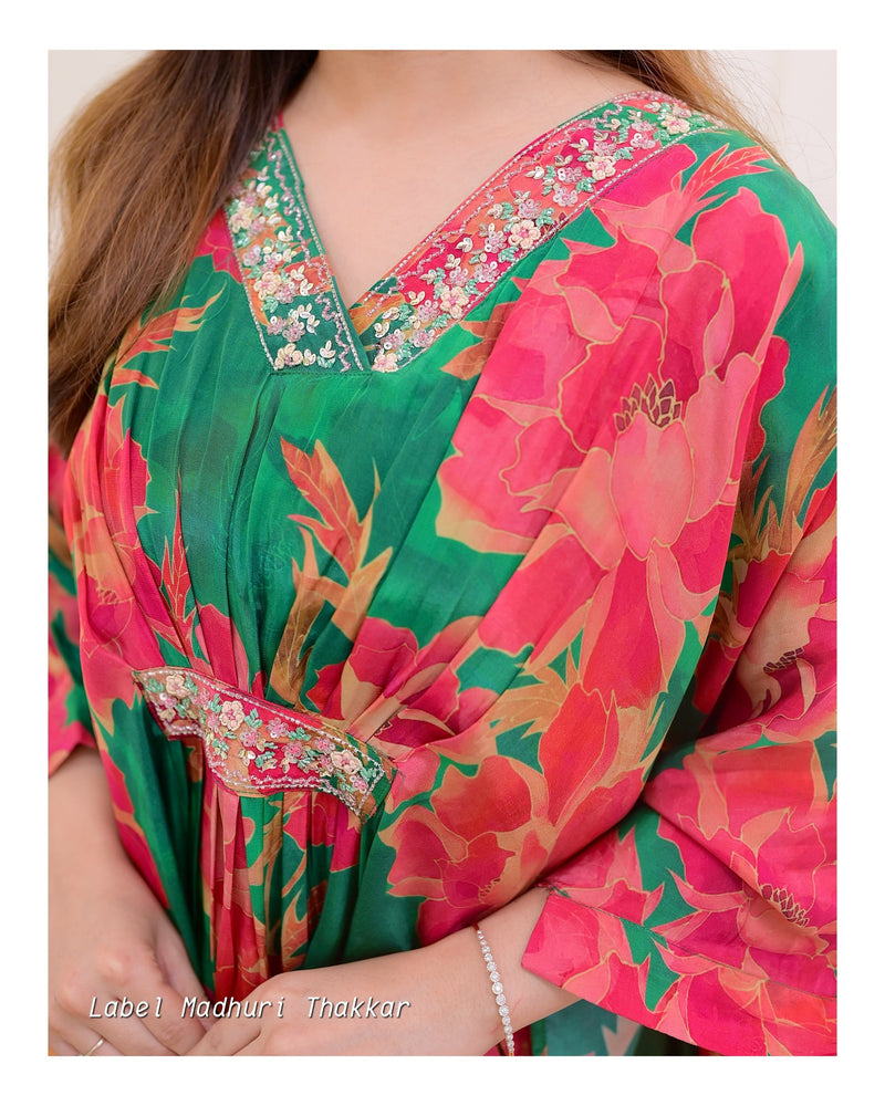 Green Floral Crepe Kaftan Sharara