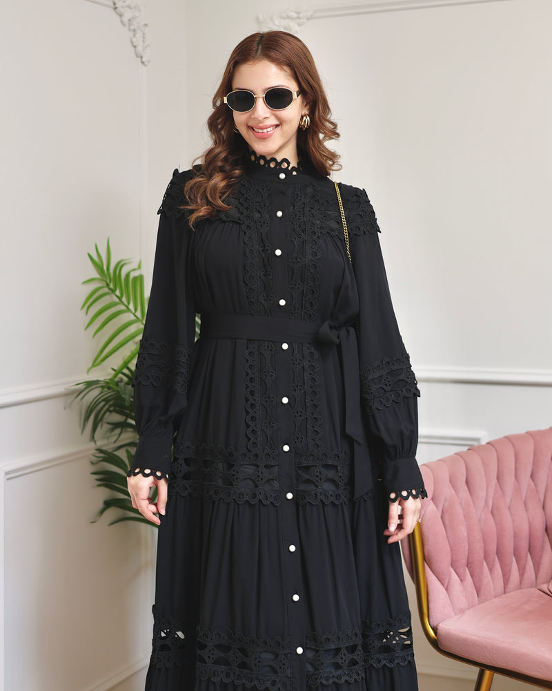 Black Charm Schiffli Flared Cotton Dress