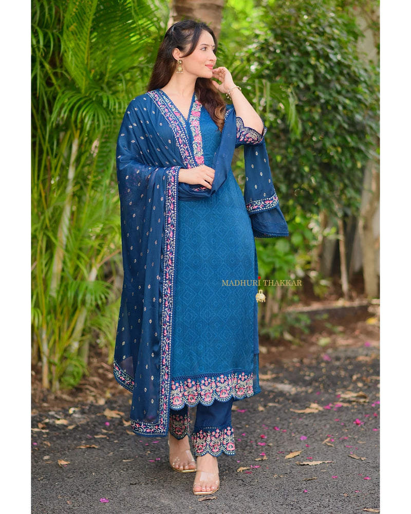 Navy Blue Chinnon Handwork Suit