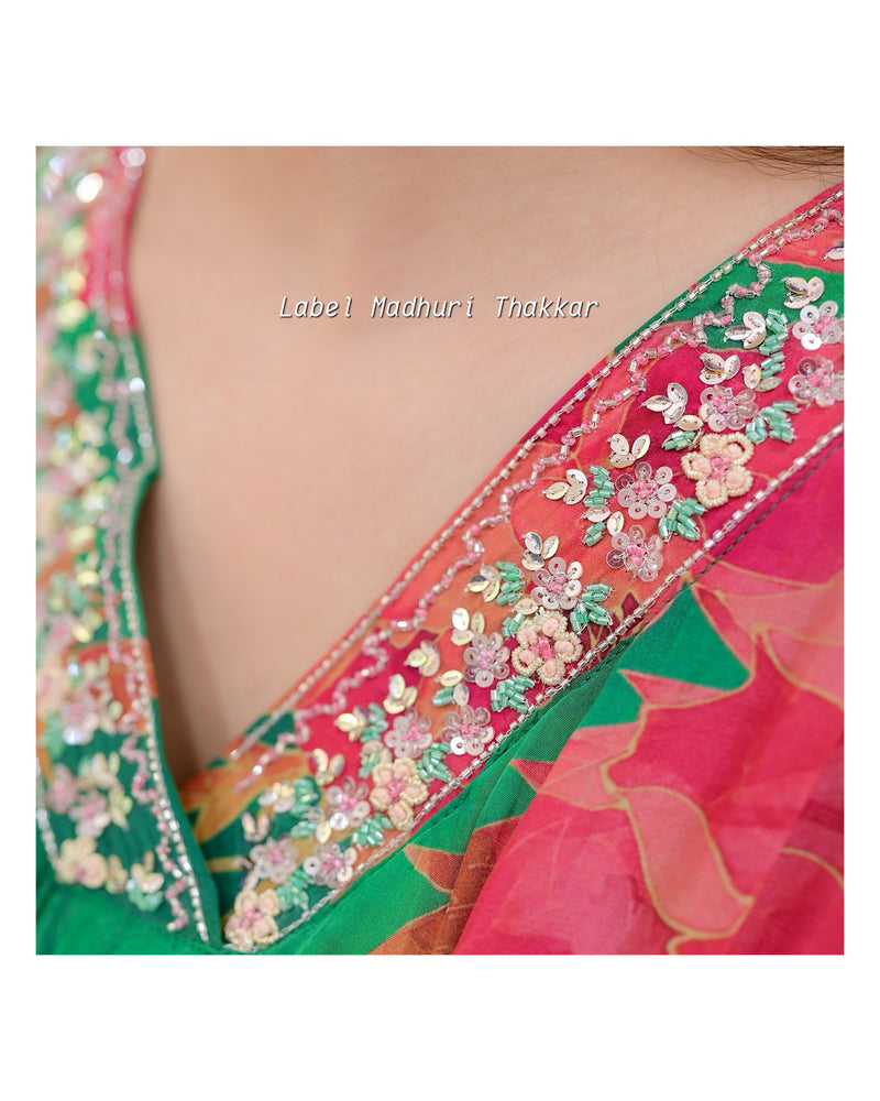Green Floral Crepe Kaftan Sharara