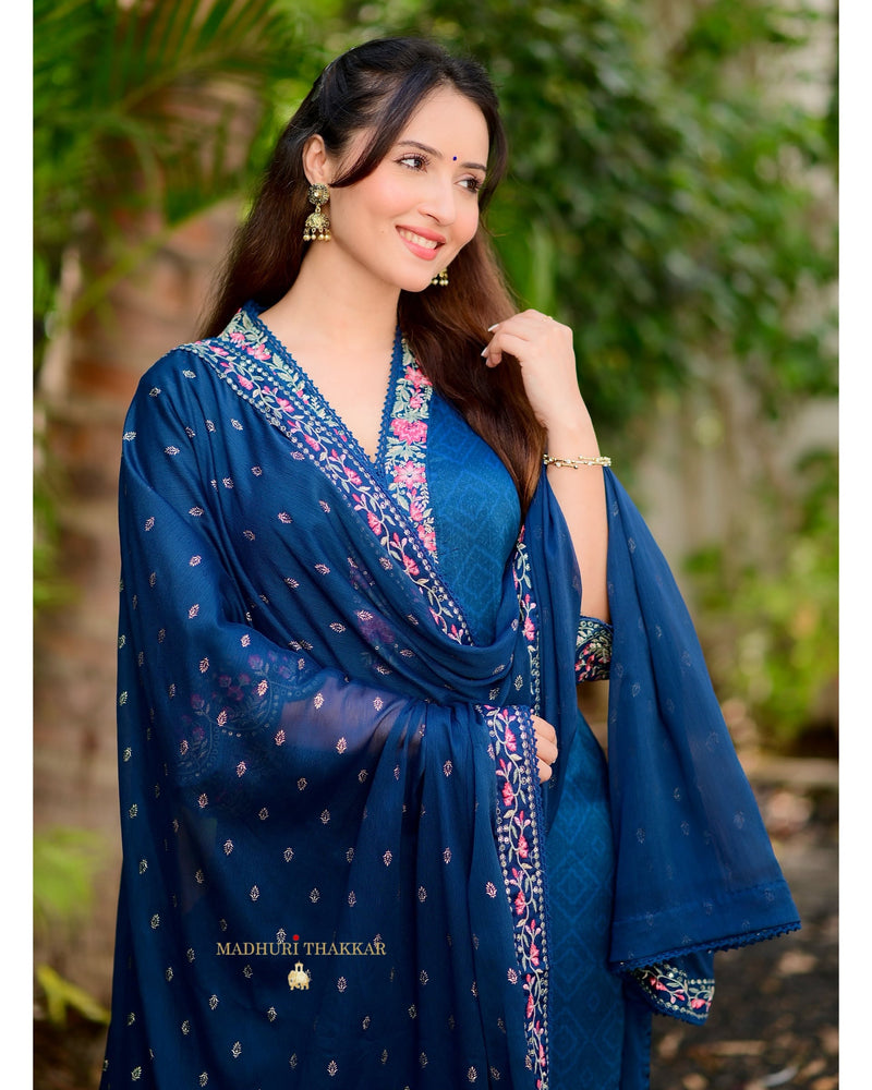 Navy Blue Chinnon Handwork Suit