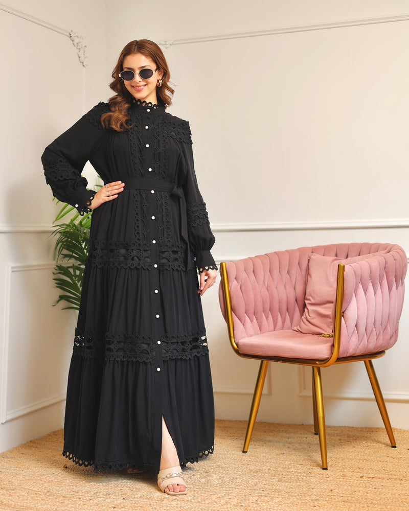 Black Charm Schiffli Flared Cotton Dress