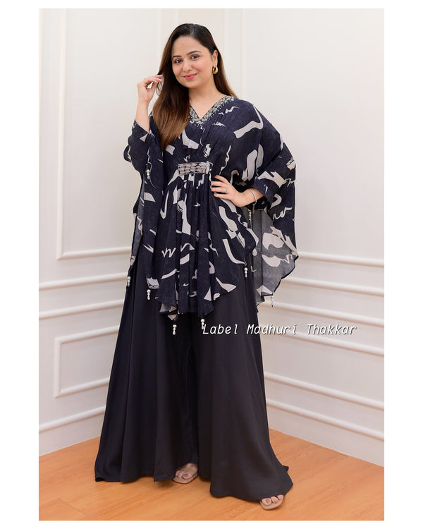 Black Floral Crepe Kaftan Sharara