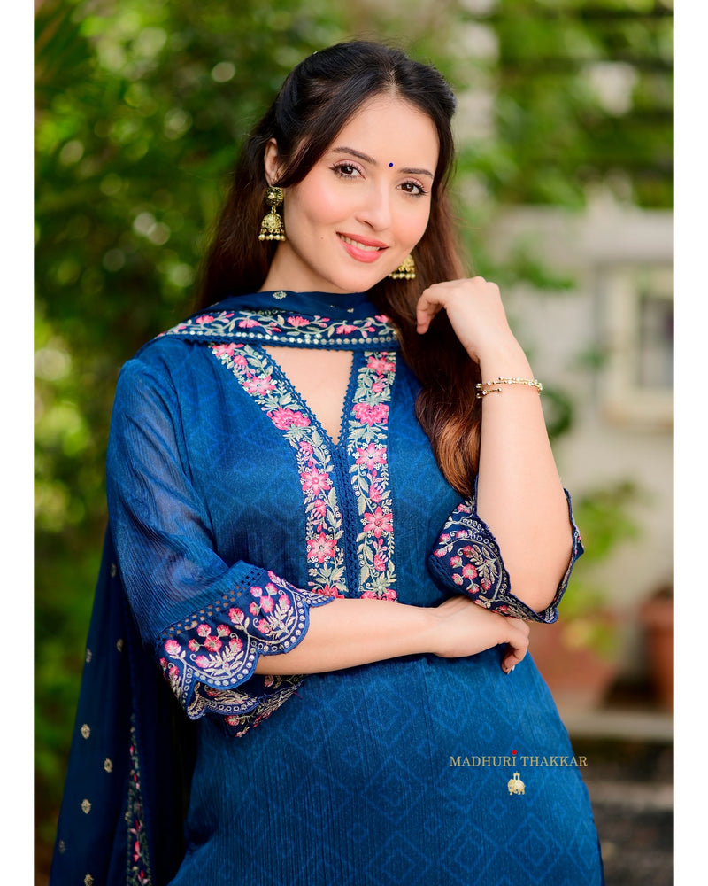 Navy Blue Chinnon Handwork Suit