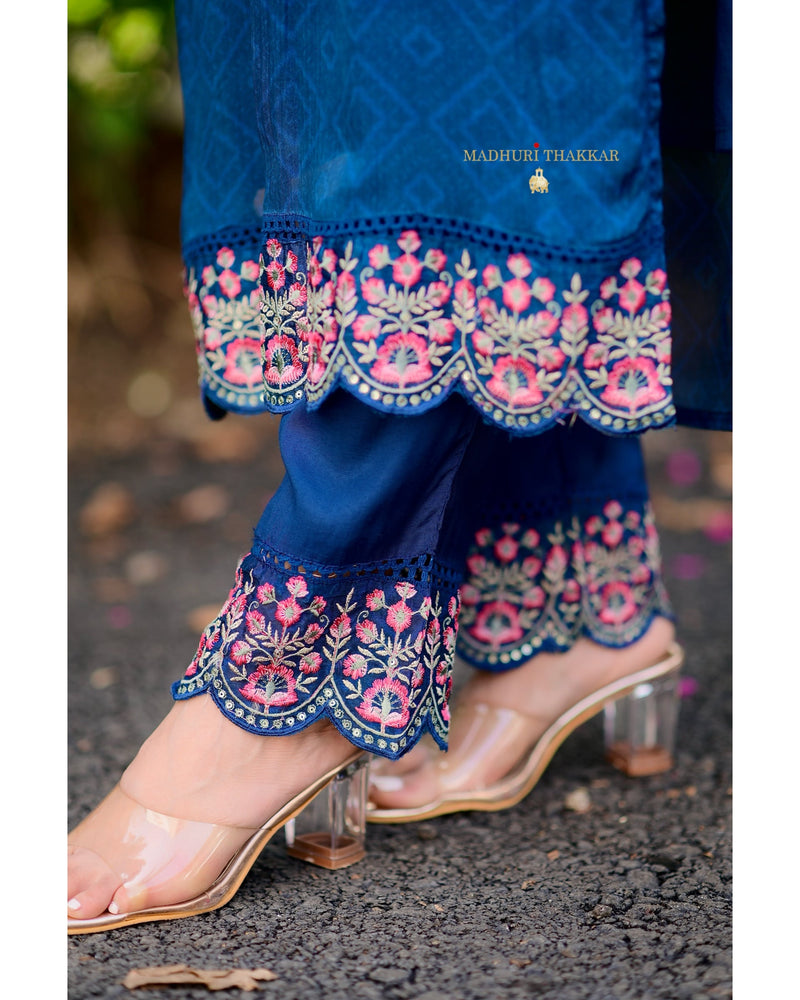 Navy Blue Chinnon Handwork Suit