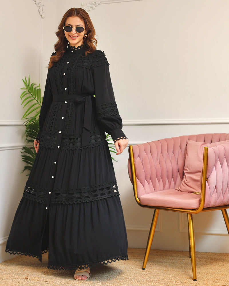 Black Charm Schiffli Flared Cotton Dress