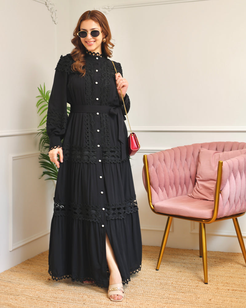 Black Charm Schiffli Flared Cotton Dress