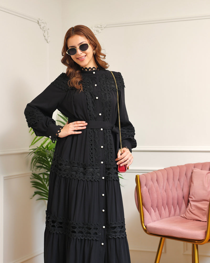 Black Charm Schiffli Flared Cotton Dress