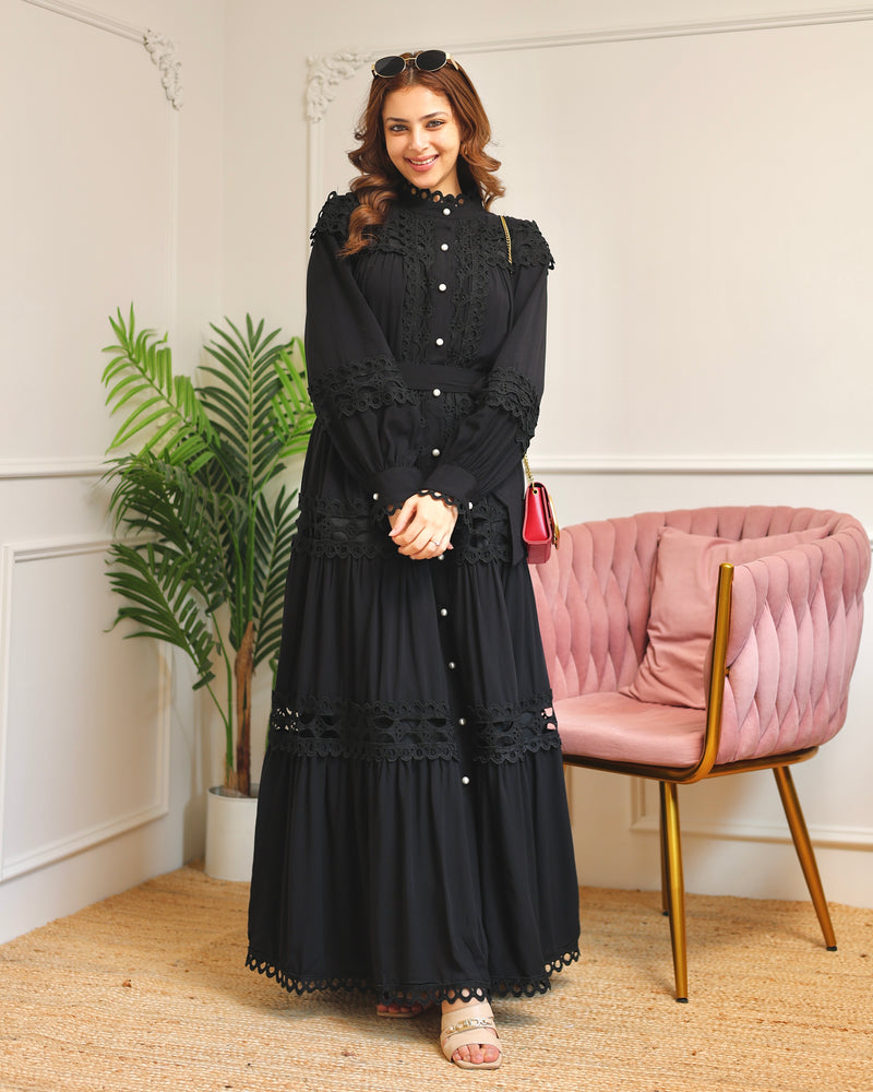 Black Charm Schiffli Flared Cotton Dress