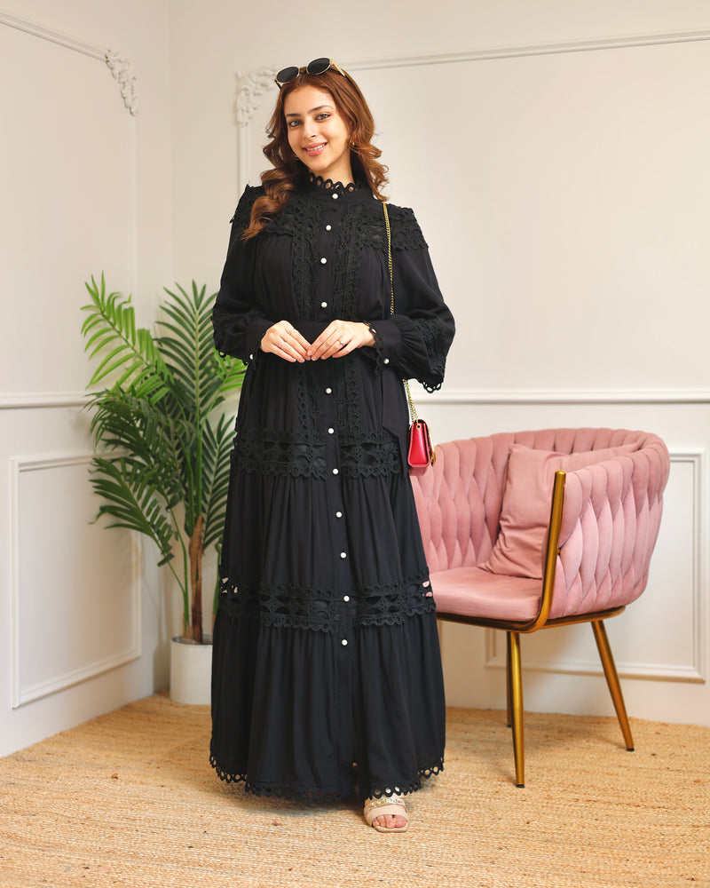 Black Charm Schiffli Flared Cotton Dress