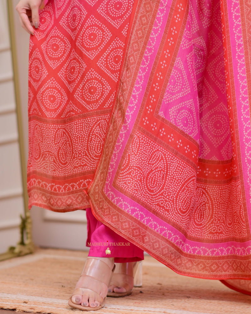 Pink Orange Bandhani Shimmer Handwork Festive Suit