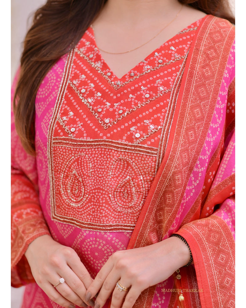 Pink Orange Bandhani Shimmer Handwork Festive Suit