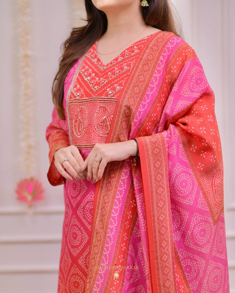 Pink Orange Bandhani Shimmer Handwork Festive Suit