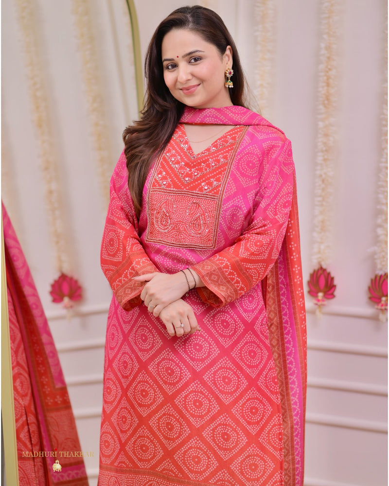 Pink Orange Bandhani Shimmer Handwork Festive Suit