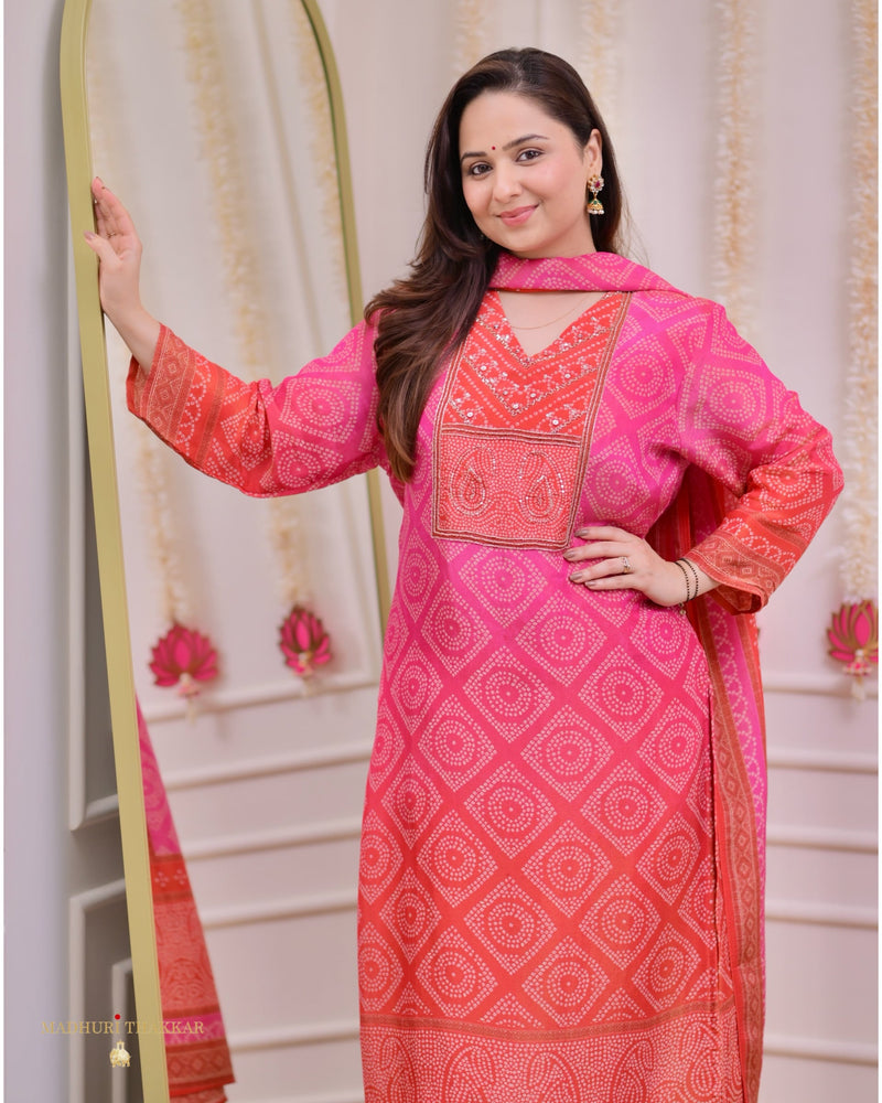 Pink Orange Bandhani Shimmer Handwork Festive Suit