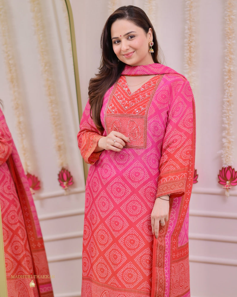 Pink Orange Bandhani Shimmer Handwork Festive Suit