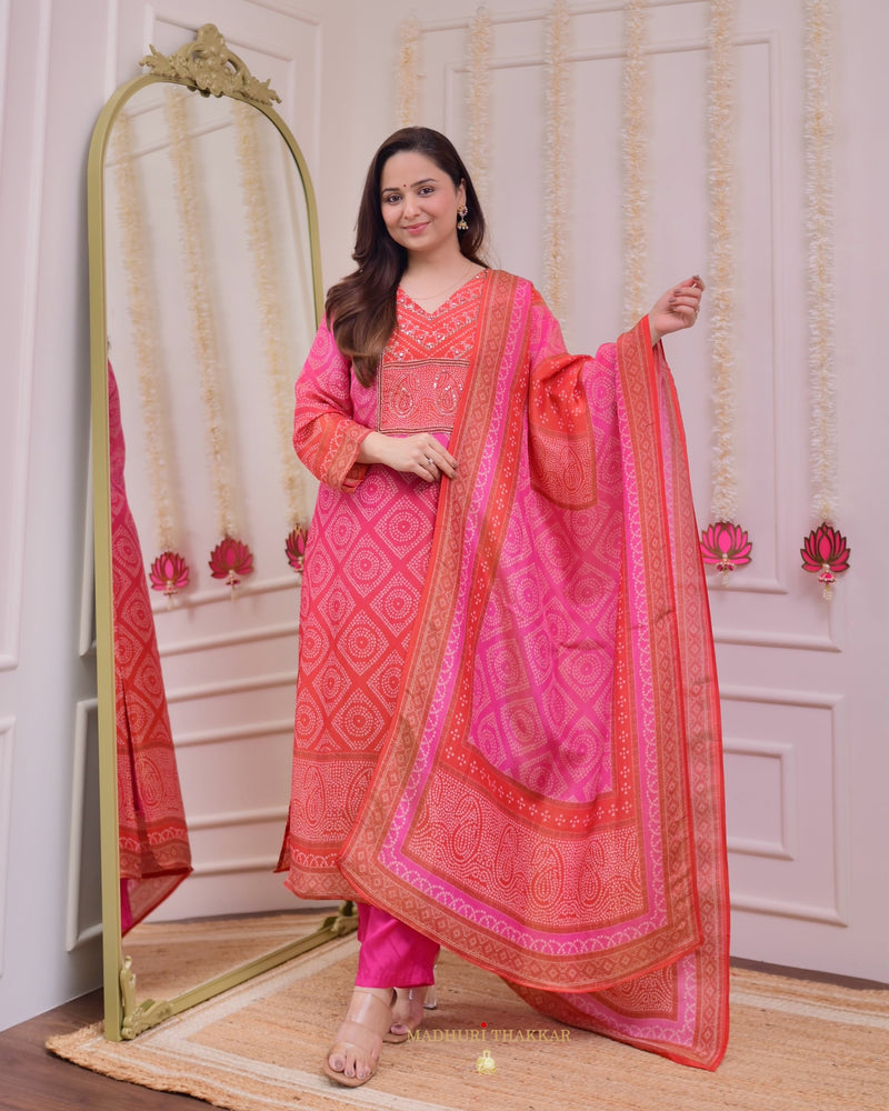 Pink Orange Bandhani Shimmer Handwork Festive Suit