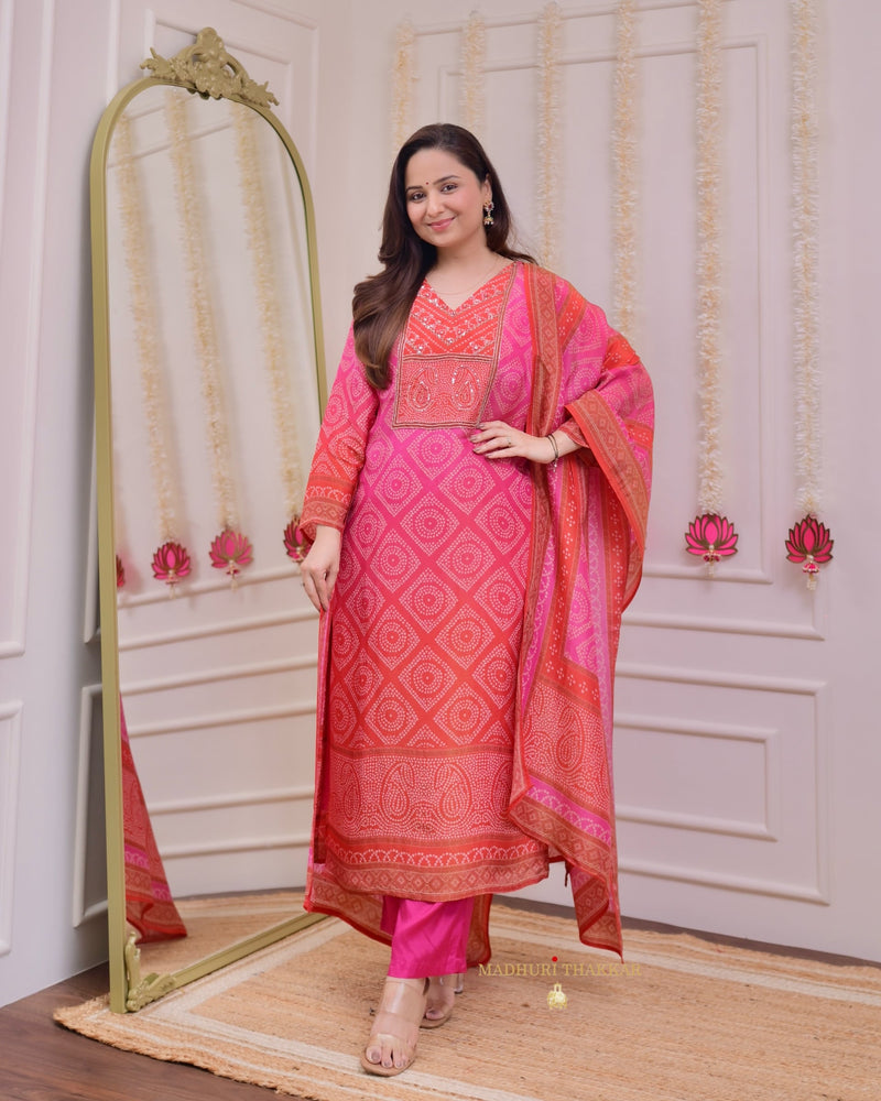 Pink Orange Bandhani Shimmer Handwork Festive Suit