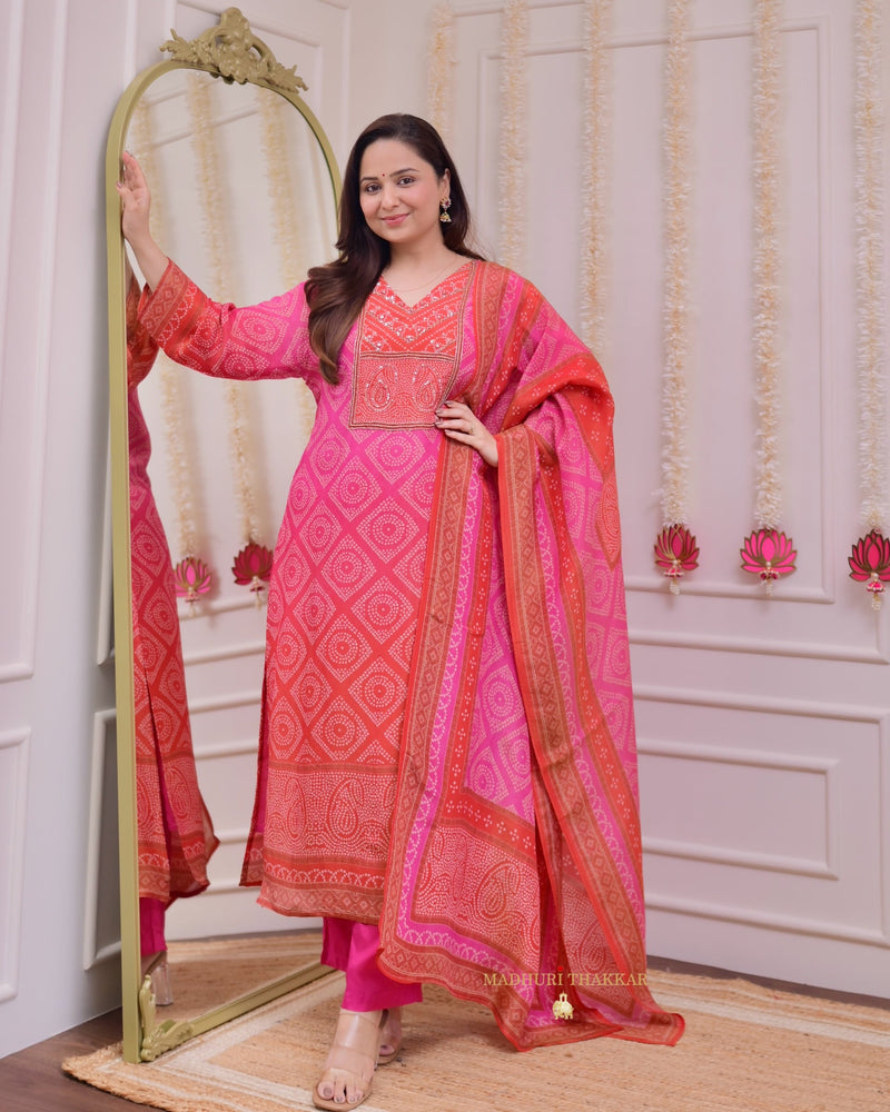 Pink Orange Bandhani Shimmer Handwork Festive Suit
