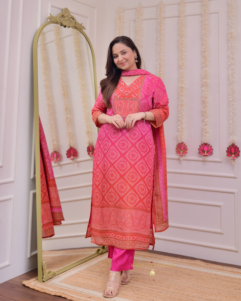 Pink Orange Bandhani Shimmer Handwork Festive Suit