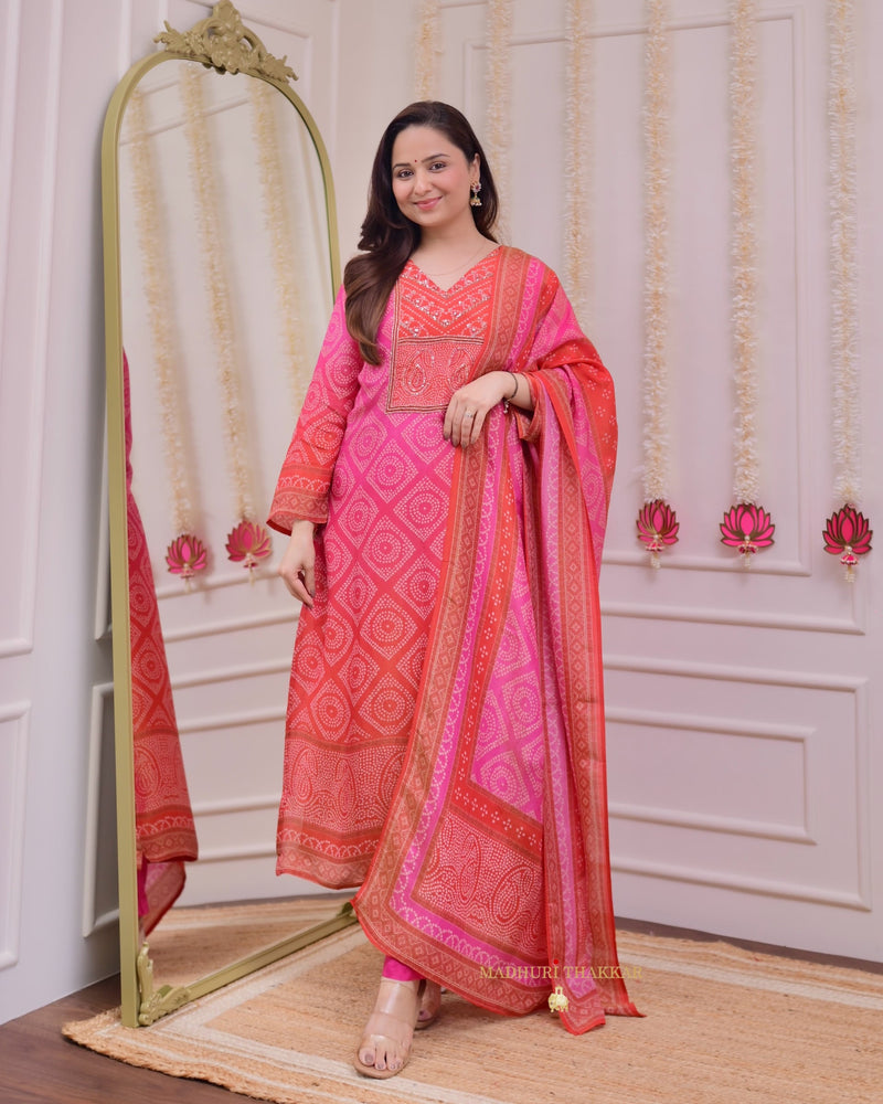 Pink Orange Bandhani Shimmer Handwork Festive Suit