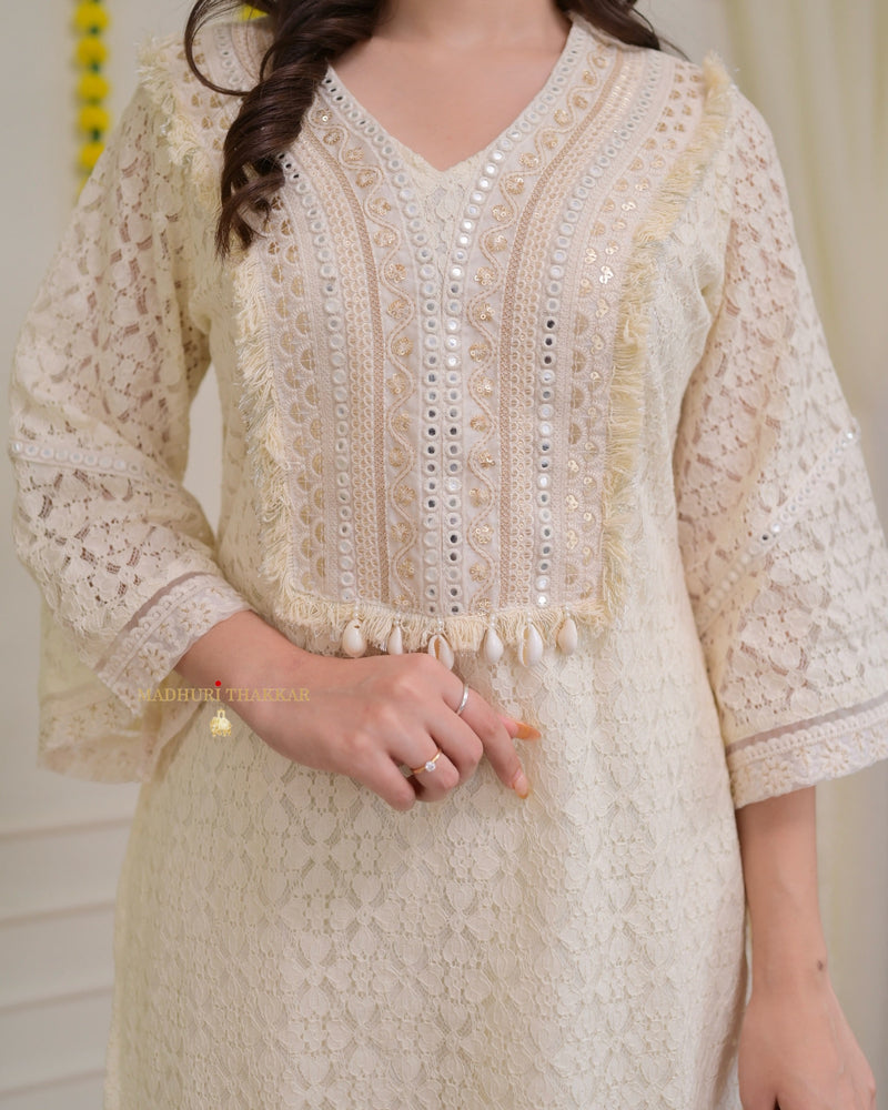 Ivory Schiffli Cowry Mirrorwork Co-ord