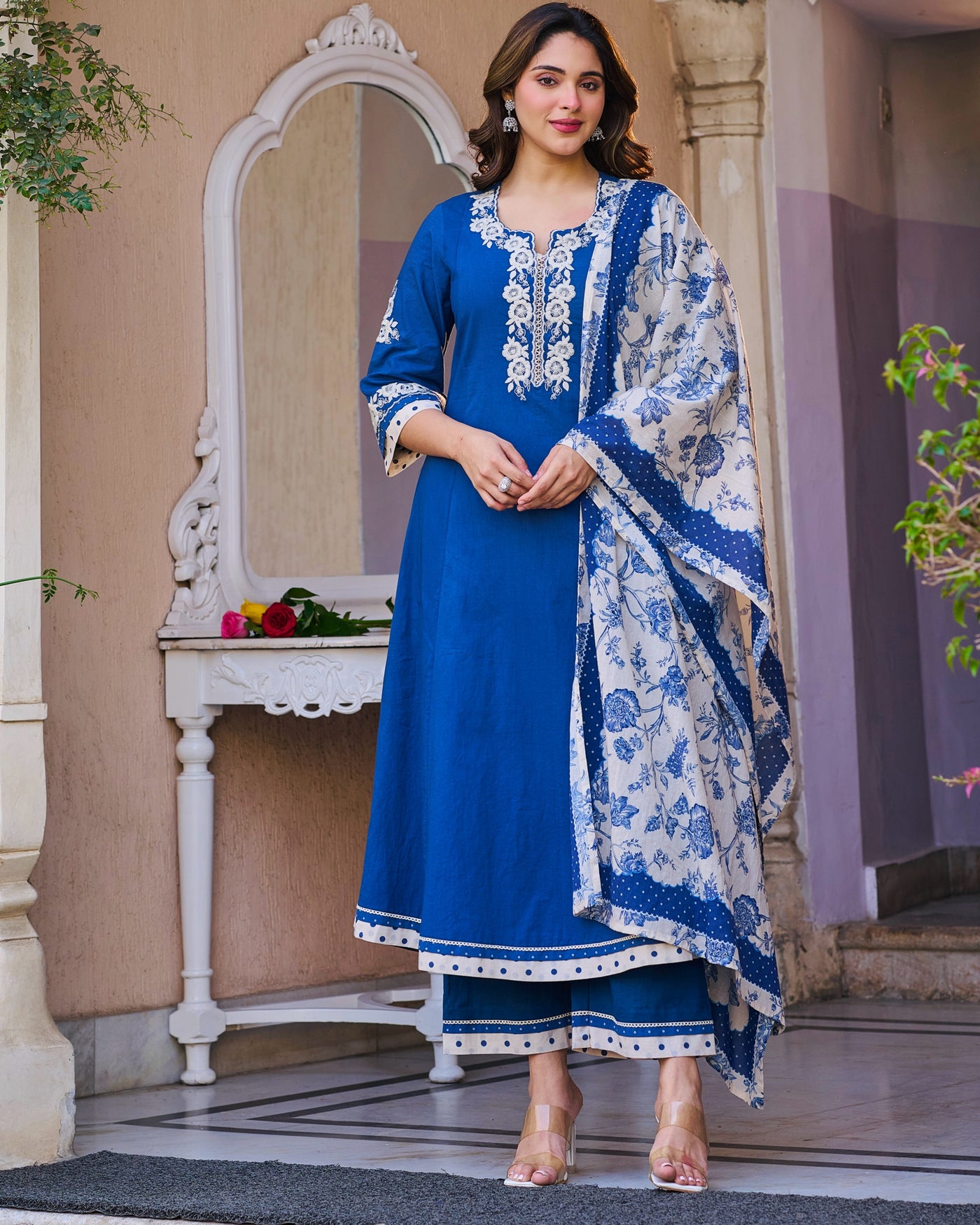 Azure Meher Threadwork Premium Cotton A Line Suit