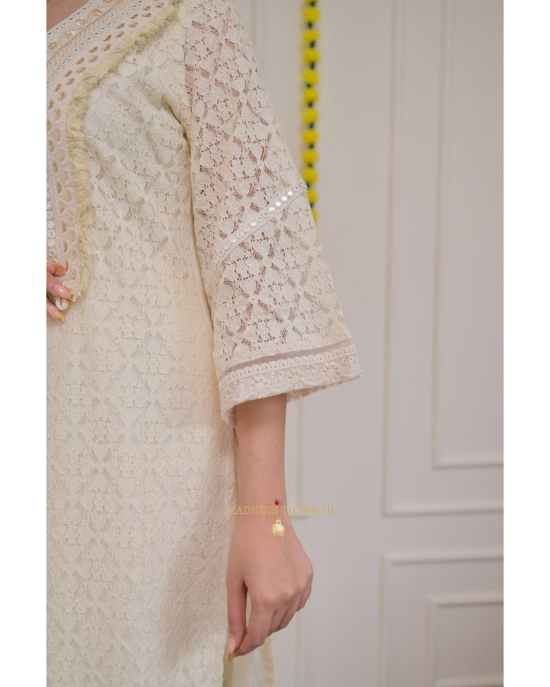 Ivory Schiffli Cowry Mirrorwork Co-ord