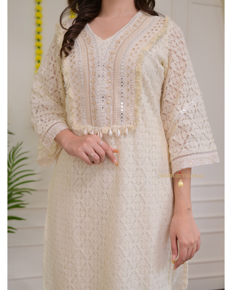 Ivory Schiffli Cowry Mirrorwork Co-ord