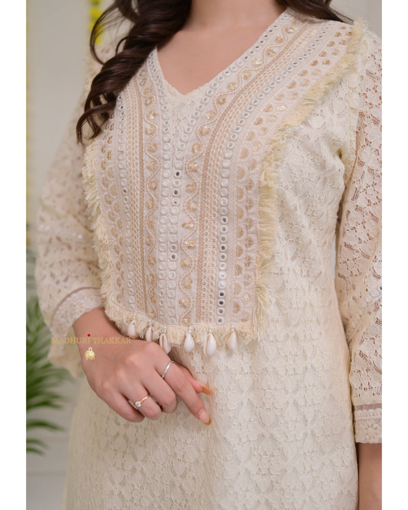 Ivory Schiffli Cowry Mirrorwork Co-ord