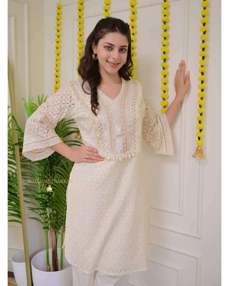 Ivory Schiffli Cowry Mirrorwork Co-ord