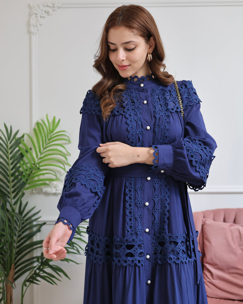 Blue Charm Schiffli Flared Cotton Dress