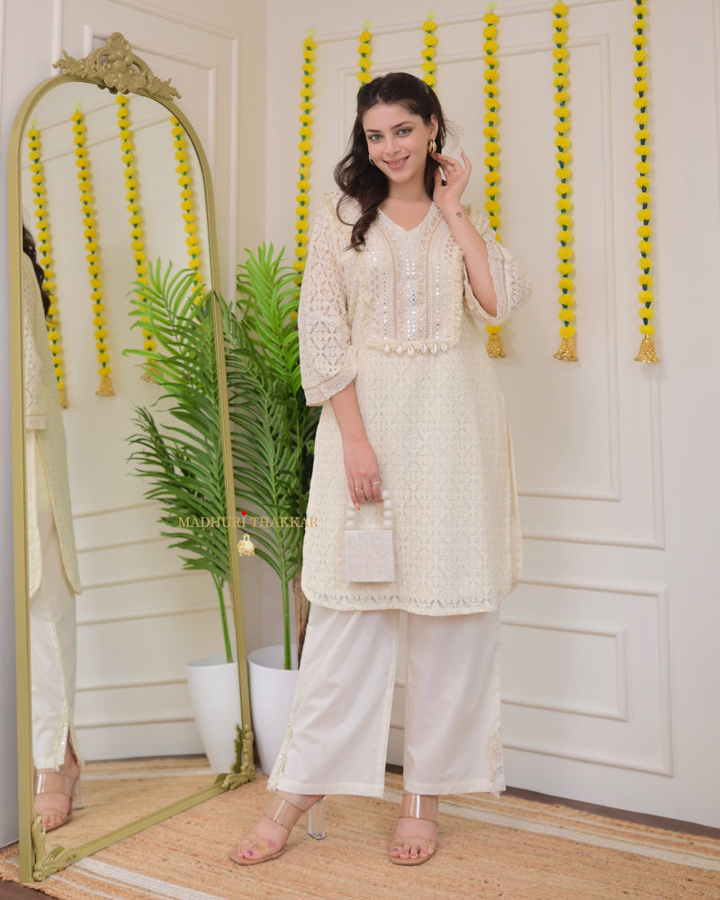 Ivory Schiffli Cowry Mirrorwork Co-ord