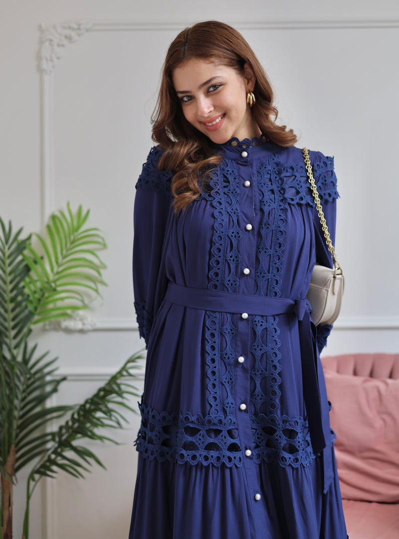 Blue Charm Schiffli Flared Cotton Dress