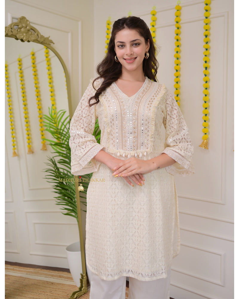 Ivory Schiffli Cowry Mirrorwork Co-ord