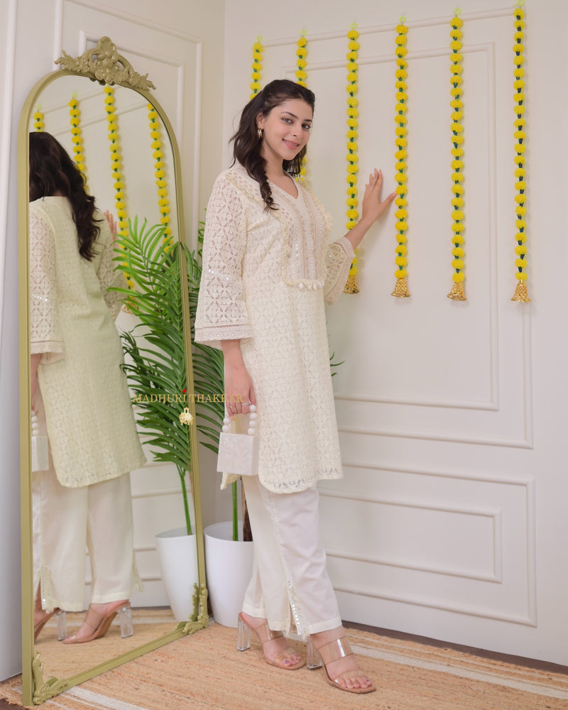 Ivory Schiffli Cowry Mirrorwork Co-ord
