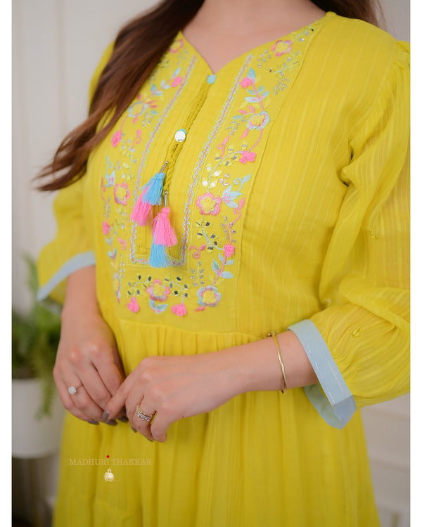 Yellow Cotton Embroidered Tassel Dress