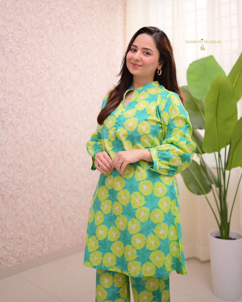 Lime Green Printed Cotton Co-ord